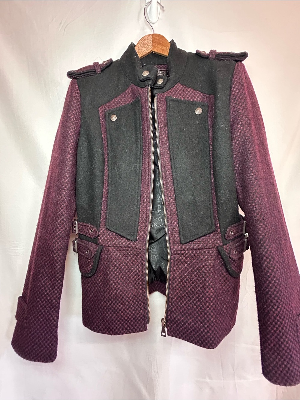 Sam Edelman 2010’s Vintage Maroon and Black Military-Style Wool Blend Jacket Med